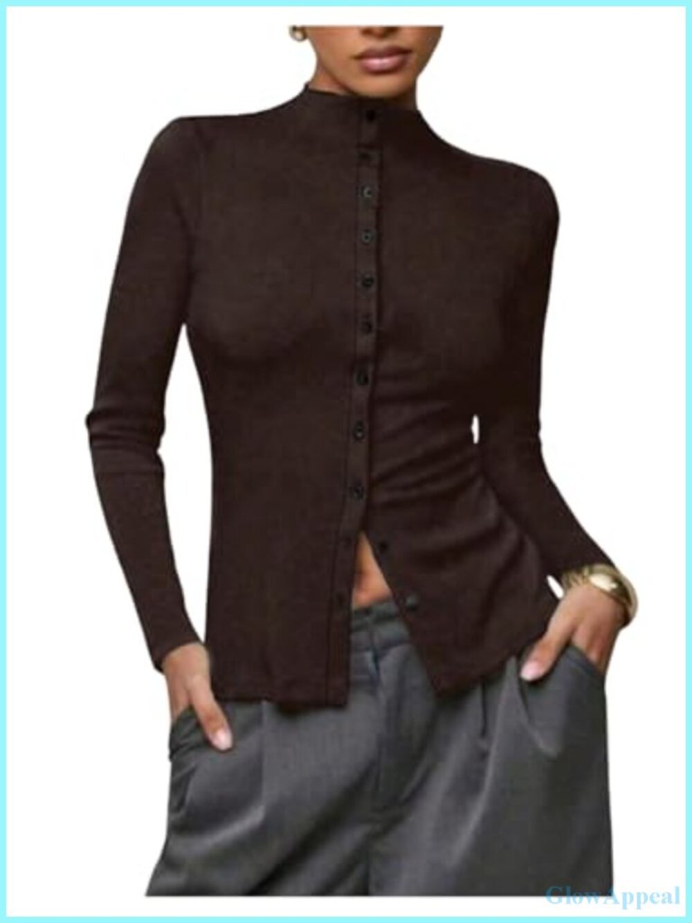 Women's Button Down Mock Neck Long Sleeve Fitted Tee Top Blouse
